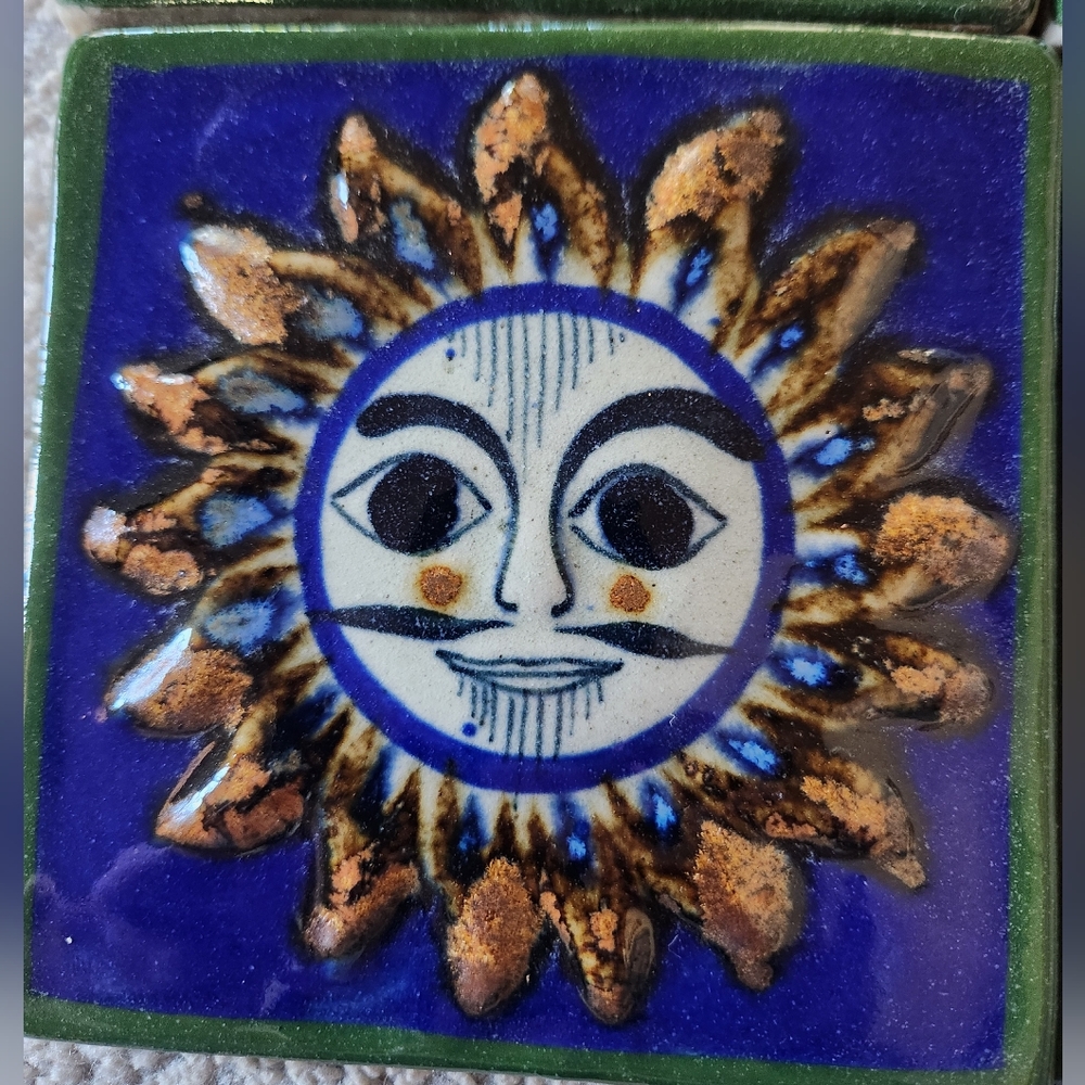 Vintage Tonala Mexican Pottery Cobalt Blue Folk Art Sun Face Tile